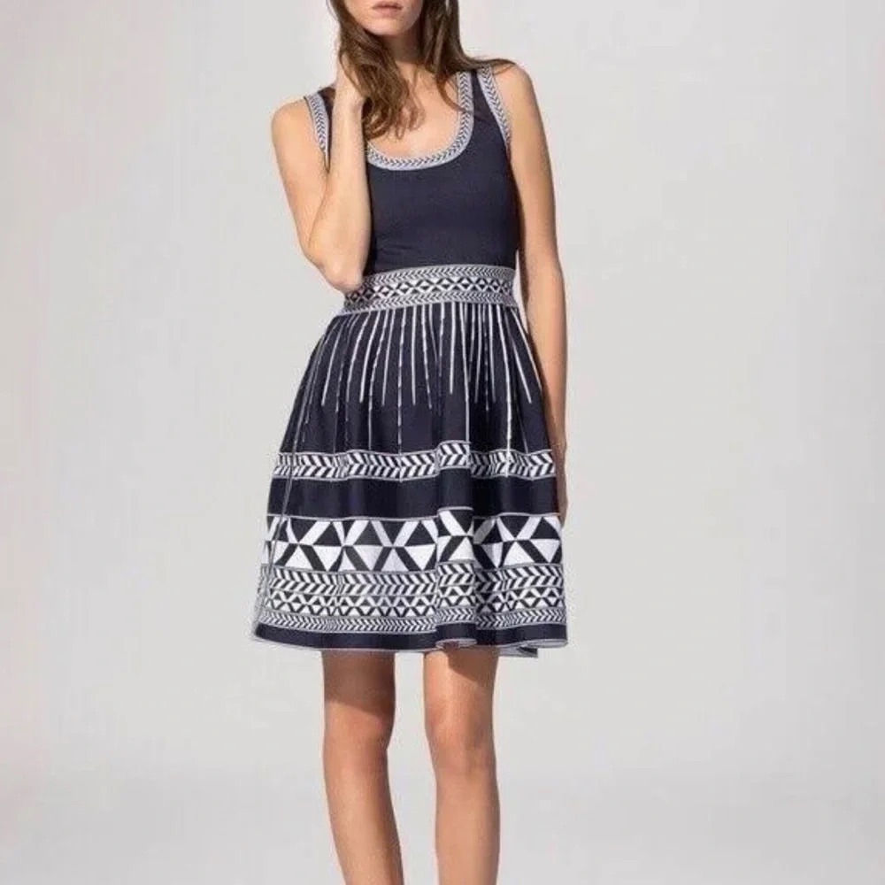 Maje Riviera Knit Dress Med Navy Blue White Geometric Fit Flare Mini Chic French